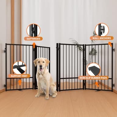 SNUOWU Full Metal Freestanding Dog Gate with Door, 32''Height Foldable Pet Dog Fence for Indoor & Outdoor, 4 Panels Extra Wide Free Standing TallDog Gates for Doorways,House,Stairs,Porch,Deck,Yard - Image 5