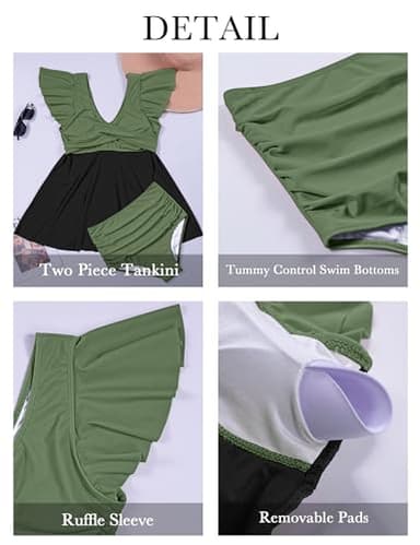 Edelqual Women's Plus Size Tankini Swimsuits Swim Dress Tummy Control Bathing Suits Two Piece Full Coverage High Waisted Modest Curvy Swimwear 2025(Army Green and Black,2XL) - Image 2