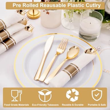 Joyido 200Guests Pre Rolled Gold Plastic Silverware Sets - Heavy Duty Gold Cutlery - Include 200 Pack Wrapped Disposable Utensils with Napkins for Parties & Dinners & Weddings - Image 5