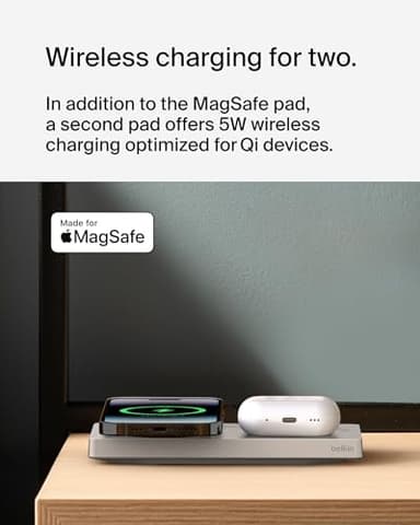 Belkin MagSafe-Compatible 2-in-1 Wireless Charger 15W, Fast Charging Station for iPhone 16, 15, 14, 13 Series, AirPods, and More - Dual Device Charging Pad - Sand - Image 3