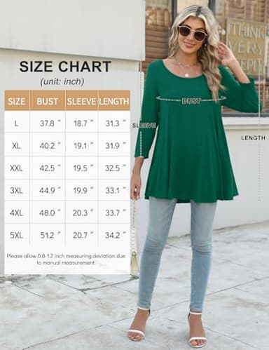 JollieLovin Womens 3/4 Sleeve Loose Fit Swing Tunic Tops Basic T Shirt(3X,Deep Green) - Image 6