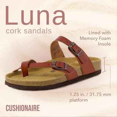 CUSHIONAIRE Luna Crossover Toe Strap Womens Sandals – Cork Footbed Slides with Adjustable Straps, Summer Sandals for Women 2025, WHISKEY 6 - Image 2