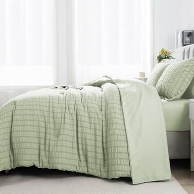 HYLEORY Queen Size Seersucker Comforter Set - 5 Pieces Reversible Comforters Bedding Sets, All Season Bed in a Bag with Comforter, Sheets, Pillowcases & Shams Sage Green - Image 2