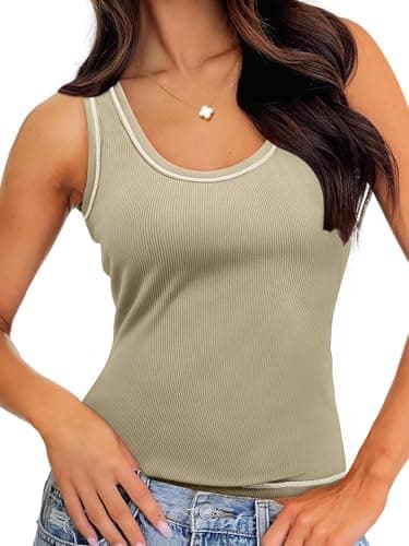 GKBK Women Ribbed Tank Top Sleeveless Casual Crew Neck Long Tank Fitted Strap Slim Basic Cami Tops Apricot XL - Image 1