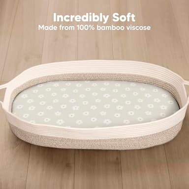 2-Pack Baby Bassinet Sheets Girl, Boy - Viscose Derived from Bamboo Fitted Bassinet Sheets Compatible with Halo Bassinest Swivel Sleeper, Baby Delight, Graco Bedside Bassinet Mattress Sheet (Meadow) - Image 2