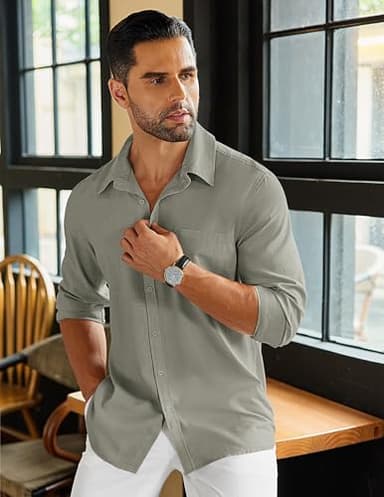 COOFANDY Mens Button Down Shirts Long Sleeve Cotton Linen Shirts Casual Textured Button Up Shirt Wedding Dress Shirts Light Grey - Image 2