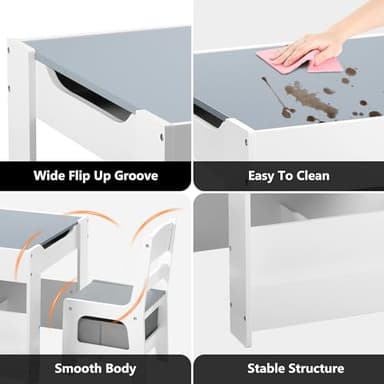 Kinder King Kids Wood Table & 2 Chairs Set, 4 in 1 Children Activity Table w/Double Bookcase, Blackboard, Toddler Furniture Set for Art, Crafts, Drawing, Reading, Playroom, Grey - Image 8