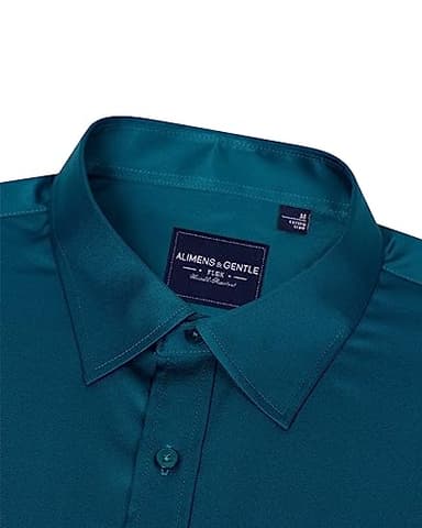 Alimens & Gentle Men's Dress Shirts Long Sleeve Wrinkle-Free Stretch Shirts Solid Formal Button Down Shirt with Pocket Green - Image 3
