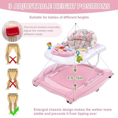5 in 1 Foldable Baby Walker, Activity Baby Walker-Baby Bouncer, Rocker, Activity Center,Seat and Push Walker,Detachable Trampoline Mat, Adjustable Speed Rear Wheels and Height,Ages 6-18 Months(Pink) - Image 6