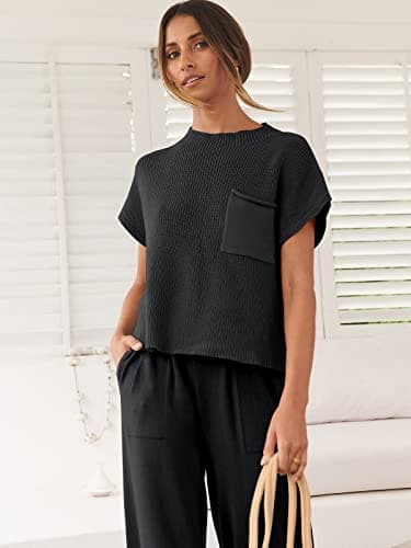 ANRABESS Women's Two Piece Outfits Knit Sweater Vest Crop Top Pants Lounge Matching Tracksuit Sweatsuit Travel Clothes Sets Black XX-Large - Image 6