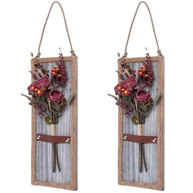 Yorkmills Wood Wall Decor & Red Artificial Flowers Set of 2, Grey Wall Art Decor with Fake Flower Bouquet, Rustic Wall Art Home Farmhouse Wall Decor for Living Room, Dining Room, Bedroom, Bathroom - Image 7