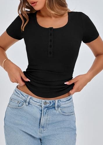 PRETTYGARDEN Women's 2025 Fall Summer Short Sleeve Tops Ribbed Henley Button Slim Fit Basic Casual T Shirts Blouse Clothing (Black,Small) - Image 5
