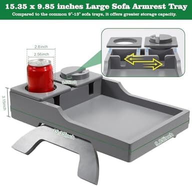 Couch Cup Holder, 4-in-1 Side Couch Arm Tray with Phone Holder, Sofa Clip on Side Table for Wide Couches Arm, Suitable for Home Drinks/Remote/Snacks-Grey - Image 5
