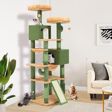 YITAHOME 76in Tall Cactus Cat Tree Tower with Self-Grooming Brush, Cute Cat Climbing Tower for Indoor Cats with Cat Condo, Plush Platform, Hammock, Sisal Scratching Posts, Dangling Ball - Image 8