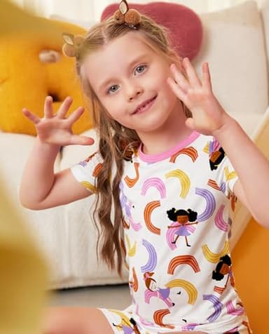 babee Reshinee Bamboo Viscose Toddler Girls Kids Short Sleeve Pajamas 2-3T Years Pink Rainbow Summer Cool Soft 2pcs Set Pjs Pyjamas Jammies - Image 4