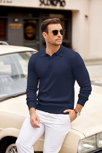 COOFANDY Men Knit Polos Long Sleeve Polo Sweaters Casual Dress Light Pullover Sweaters Golf Sweater Polo Navy Blue - Image 2