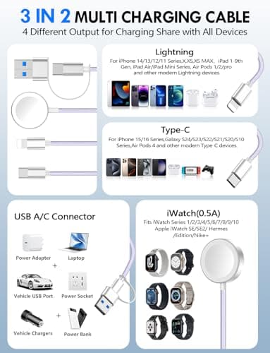 2Pack Multi Fast Charging Cable for Travel Vacation Essentials,Apple Watch Charger,iPhone Charger[3-in-2]USB A/Type C/Lightning Cable for iWatch,iPhone 16-11,Nintendo Switch,Airpods,Car,Camping-Purple - Image 2