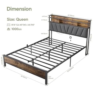 Welzona Queen Bed Frames with Headboard, LED Lights Queen Size Bed Frame with Charging Station, 2-Tier Storage Shelves, Heavy Duty Metal Slats, Noise Free, No Box Spring Needed, Easy Assembly, Brown - Image 2