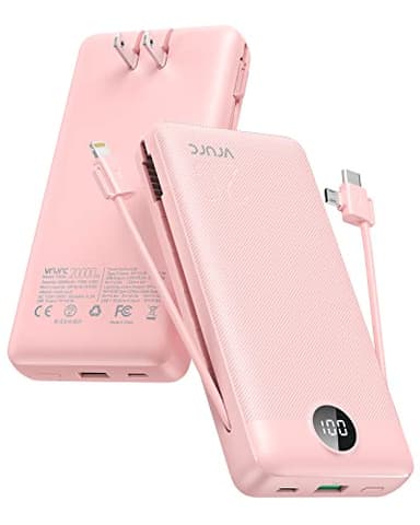 VRURC Portable Charger 20000mAh, Fast Charging Power Bank USB C,4 Output 2 Input Travel Essentials Charging Bank Equipped with LED Display,Built-in Wall Plug and Cables,Phone Charger Battery,Pink - Image 1