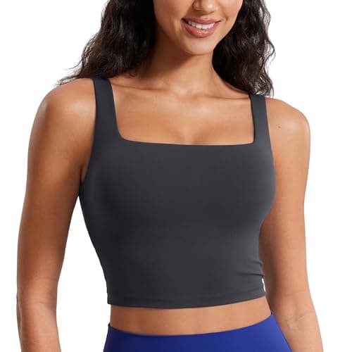 CRZ YOGA Butterluxe Womens Square Neck Longline Sports Bra - Workout Crop Tank Tops Padded Yoga Camisole with Built in Pads Mysterious Grey Large - Image 1