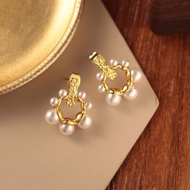 YAMI Gold Earrings for Women, 14K Gold Plated Lightweight Pearl Drop Earrings, Hypoallergenic Jewelry Gifts for Her(C3) - Image 2