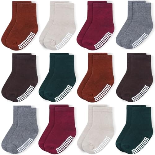 JAKIDAR 12 Pack Baby Toddler Socks Non Slip Grip Cotton Crew Socks for Boys Girls Infants Kids, Angola Red, 12-24 Months - Image 1