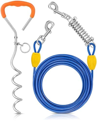 Petbobi Dog Tie-Out Cable and Stake - 20ft Heavy Duty Cable with Spring, No Tangle, 16in Ground Stake, Ideal for Yard, Camping and Beach, Suitable for Small Medium Large Dogs Up to 120 lbs, Blue - Image 1