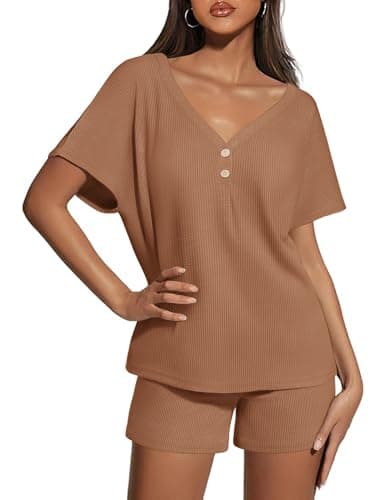 Ekouaer Womens 2 Piece Short Sets Waffle Knit Lounge Set Women's Pajama Set Summer Outfits V Neck and Shorts with Pockets Brown - Image 1