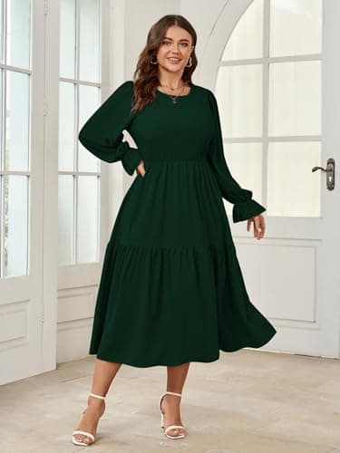 SHESTARR Women's Plus Size Dress Long Sleeve Crewneck Smocked Tiered Flowy Boho Wedding Party Maxi Dresses Emerald Green - Image 4