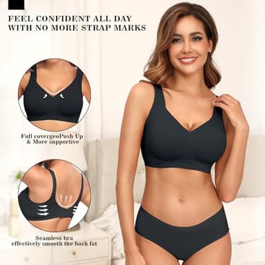 PoseFree Bras for Women No Underwire Full Coverage No Underwire Supportive Seamless Cotton Bralette Plus Size Bras (Black,2XL) - Image 3