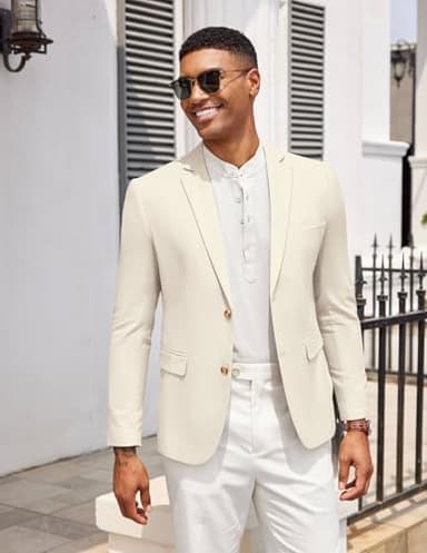 COOFANDY Men Casual Linen Blazer Classic Fit Sport Coat Linen Jacket Summer Beach Wedding Party Beige - Image 3