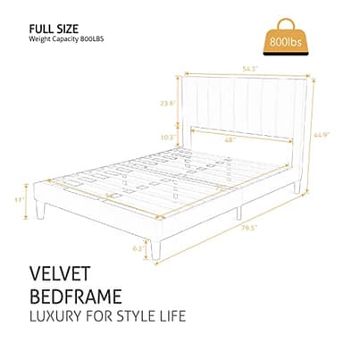 SHA CERLIN Full Bed Frame/Velvet Upholstered Platform Bed Frame with Headboard/Strong Wood Slats Support/Mattress Foundation/No Box Spring Needed/Easy Assembly/White - Image 2