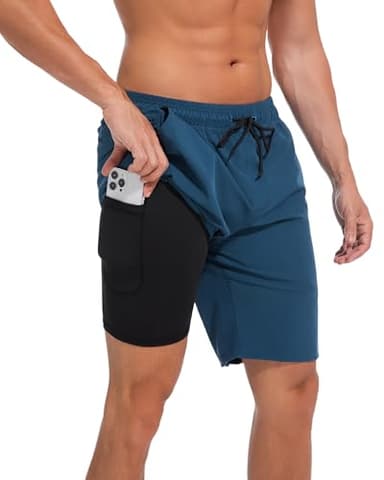 difficort Mens Swim Trunks Quick Dry Bathing Suit 9 inch Inseam Board Shorts with Compression Liner and Zipper Pocket,Dark Blue,X-Large - Image 1