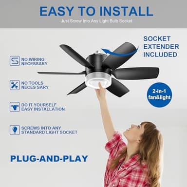 Socket Fan Light with Remote 19.7inch Socket Ceiling Fan with Light Dimmable LED Ceiling Fan,3 Colors 6500K,1500 Lumens Bulb for Garage, Bedroom, Kitchen, Living Room, and Closet Black - Image 9