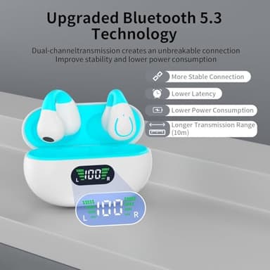 Clip On Earbuds,True Wireless Bluetooth 5.3 Lightweight Comfort Bone Conduction Open Ear Headphones with LED Digital Display Charging Case Sport Built-in Mic IPX7 Waterproof for Running Fitness, Blue - Image 4