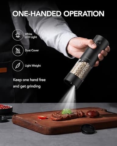 FORLIM Electric Salt and Pepper Grinder Set, USB Rechargeable, Automatic Salt Pepper Mill Grinder with Dust Cover, One-Button Control, Adjustable Coarseness, White LED Light (2 Packs, Black&White) - Image 4
