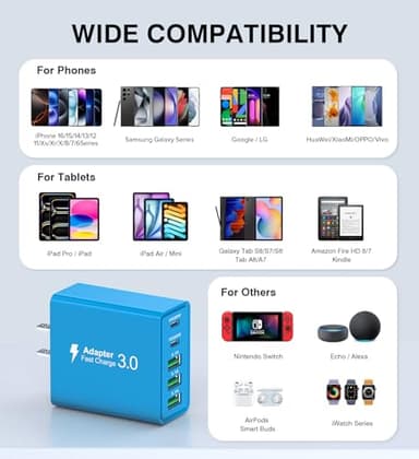[2-Pack] USB C Wall Charger, 50W USB C Charger Block 5-Port PD Fast Charging Blocks,2USB C+3USB A Multiport Plug,Type C Power Adapter Brick Cube for iPhone 16/15/14/Pro,iPad,Samsung,for Switch（Blue） - Image 4