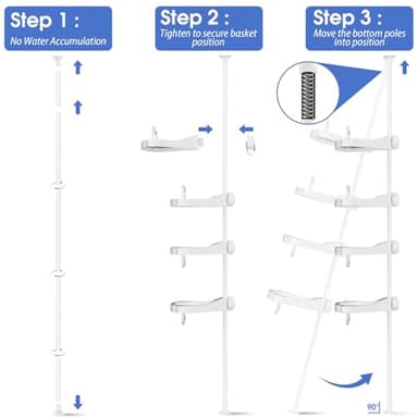 CALCHELE Shower Caddy Corner for Bathroom, Rustproof Bathtub Shower Storage Organizer for Shampoo Accessories, 4-Tier Adjustable Shelves with Tension Pole, 54 to 114 Inch White - Image 6