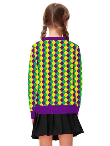 Remimi Kids Mardi Gras Sweatshirt Purple Green Yellow New Orleans Girls Long Sleeve Sweater Tricolor Lattice 7-8 Years - Image 7
