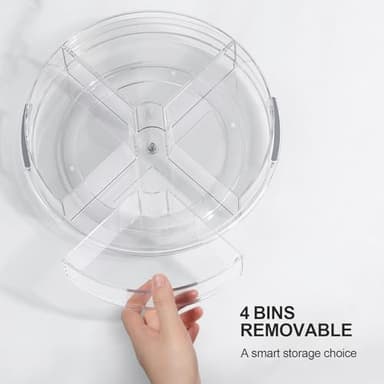 LAMU Lazy Susan Organizer Turntable for Cabinet with 4 Removable Dividers Bins, Rotating Organizer for Medicine Cabinet, Kitchen, Countertop, Pantry, Fridge, Bathroom Counter, 10.6 inch, Clear - Image 2