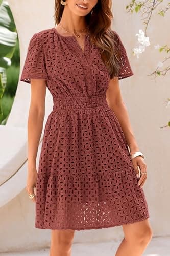 PRETTYGARDEN Womens 2025 Summer Short Dress V Neck Short Sleeve A Line Hollow Out Lace Ruffle Cute Casual Beach Party Dresses (Brown Red,Medium) - Image 5