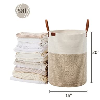 VIPOSCO Tall Laundry Basket, Large Dirty Clothes Hamper with Leather Handle, Woven Rope Storage Basket for Blanket, Toy In Living Room, Bathroom, Bedroom - 58L White & Brown - Image 5