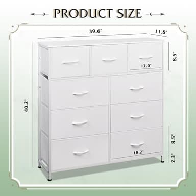 WLIVE 9-Drawer Dresser, Fabric Storage Tower for Bedroom, Hallway, Closet, Tall Chest Organizer Unit for Bedroom with Fabric Bins, Steel Frame, Wood Top, Easy Pull Handle, White - Image 3