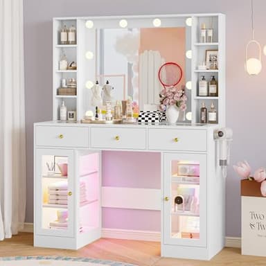 Wodeer Makeup Vanity Desk with Mirror and Lights, White Vanity with Glass Top, LED Lights & Power Outlet, 3 Drawers & 2 RGB Glass Cabinets, Adjustable Lighted Dressing Table for Women & Girls Bedroom - Image 7