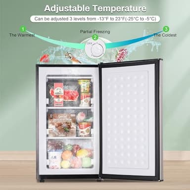 Upright Freezer 3.6 Cubic Feet, Mini Freezer with Removable Baskets, 3 Level Adjustable Temperature from -13°F to 23°F, Manual Defrosting, Reversible Stainless Steel Door, Suitable for Home, Silver - Image 4