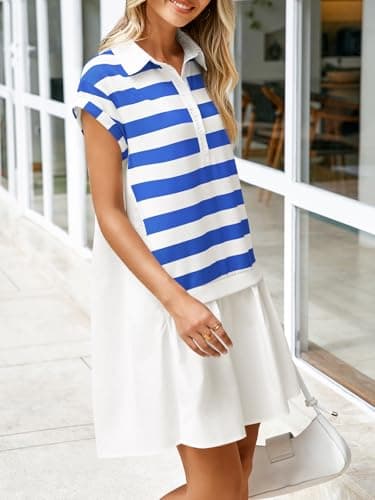 Fisoew Womens Summer Color Block Sweatshirt Dresses Short Sleeve V Neck Casual Oversized Patchwork Mini Dress - Image 3