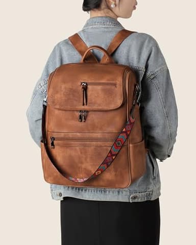 FADEON Laptop Backpack for Women Leather Travel Backpack with Laptop Compartment, Designer Ladies Computer Backpacks Brown - Image 2