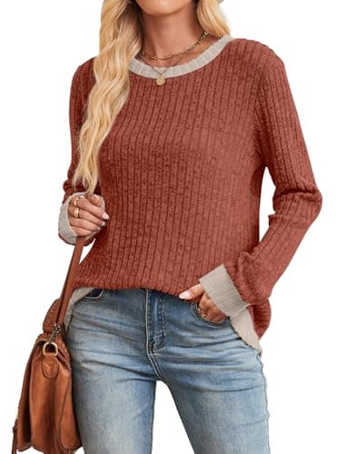 Sampeel Women's Sweaters Pullover Fall Outfits 2025 Early Fashion Fall Clothes Long Sleeve Tops Fashion Clothing Winter Clothes Plus Size Fall Tops Caramel L - Image 4