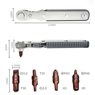 “jiaozimifan 5-Piece Mini Ratchet Wrench Set, 1/4-Inch Drive, High-Torque Offset Reversible Screwdriver with Phillips, Slotted, Hex, and Torx Bits for Tight Spaces (5) - Image 3