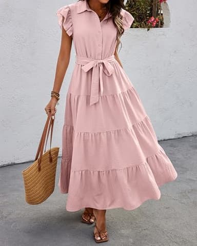 dowerme Women's Summer Dresses 2025 Cap Sleeve Button V Neck Tie Waist Pleated Tiered Loose Fit Boho Flowy Shirt Dress(Pink,Large) - Image 2